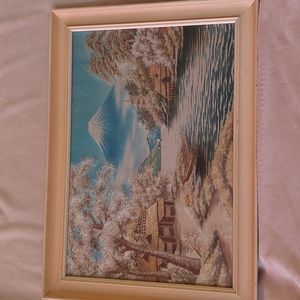 Vintage Japanese silk embroidery art Mount Fuji